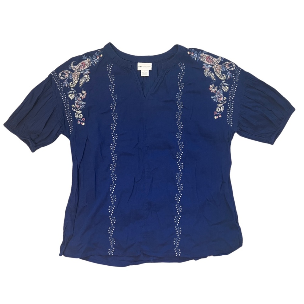 Chic Navy Floral Embroidered Liz Claiborne Cotton Top - Size S